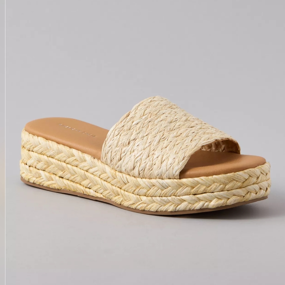 🏷NWT AE Raffia Espadrille Flatform Slide Sandal In Natural - Size 9